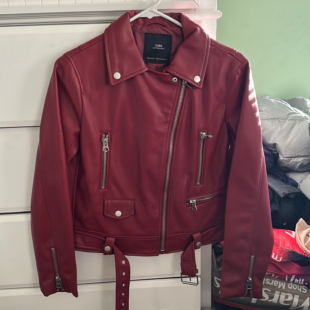 Red Zara faux leather jacket